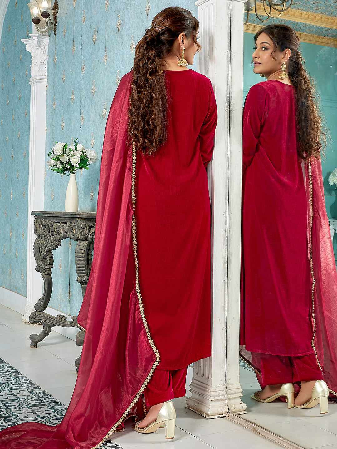 Red Velvet Zari Embroidered A-Line Kurta Set  - By Janasya