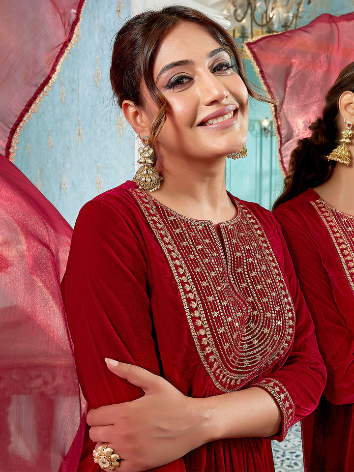 Red Velvet Zari Embroidered A-Line Kurta Set  - By Janasya