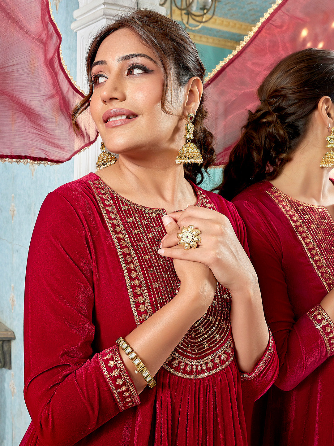 Red Velvet Zari Embroidered A-Line Kurta Set  - By Janasya