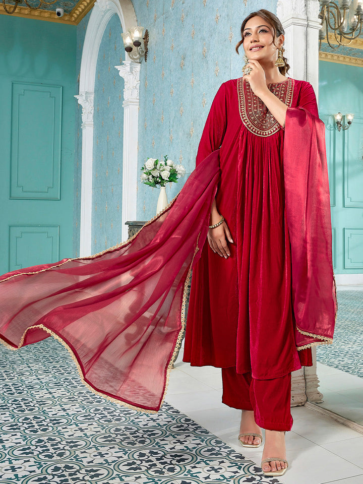 Red Velvet Zari Embroidered A-Line Kurta Set  - By Janasya