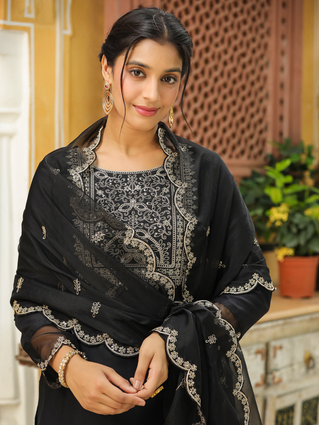 Black Silk Blend Embroidered Straight Kurta Set  - By Janasya