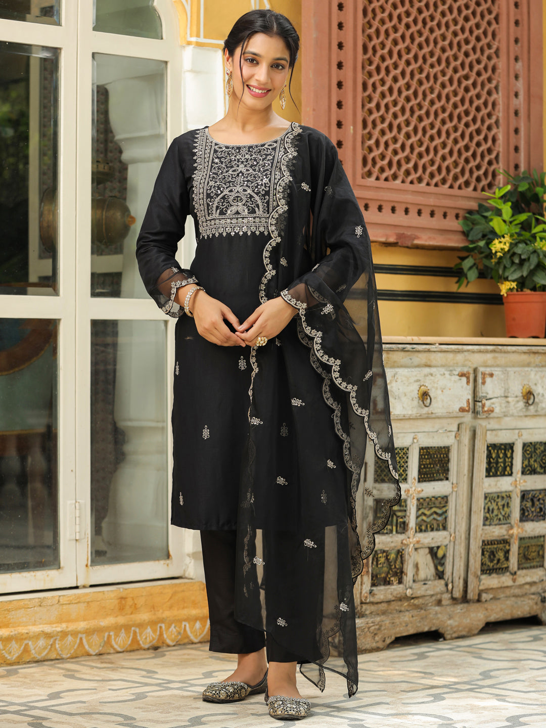 Black Silk Blend Embroidered Straight Kurta Set  - By Janasya