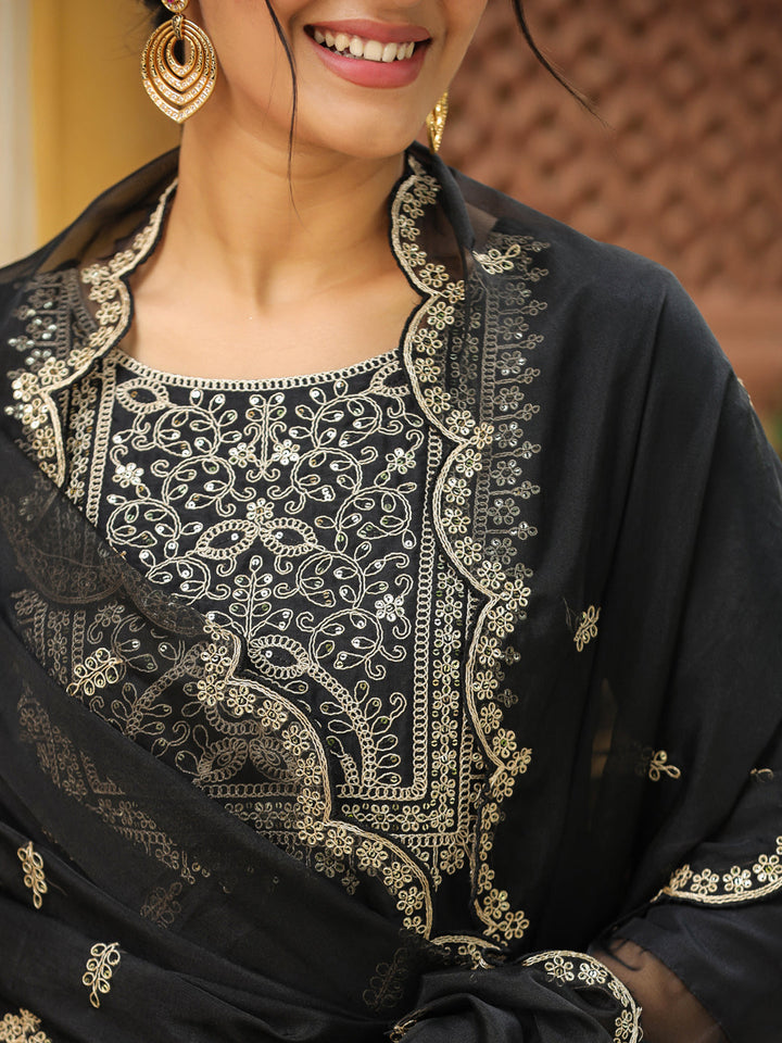 Black Silk Blend Embroidered Straight Kurta Set  - By Janasya