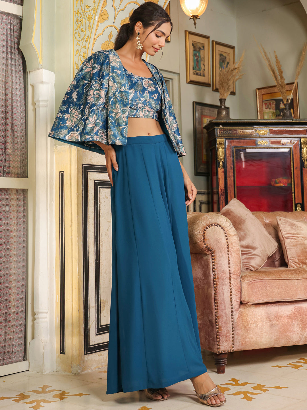 Teal Blue Velvet Floral Printed Crop Top with Palazzo & Cape Set  - By Janasya