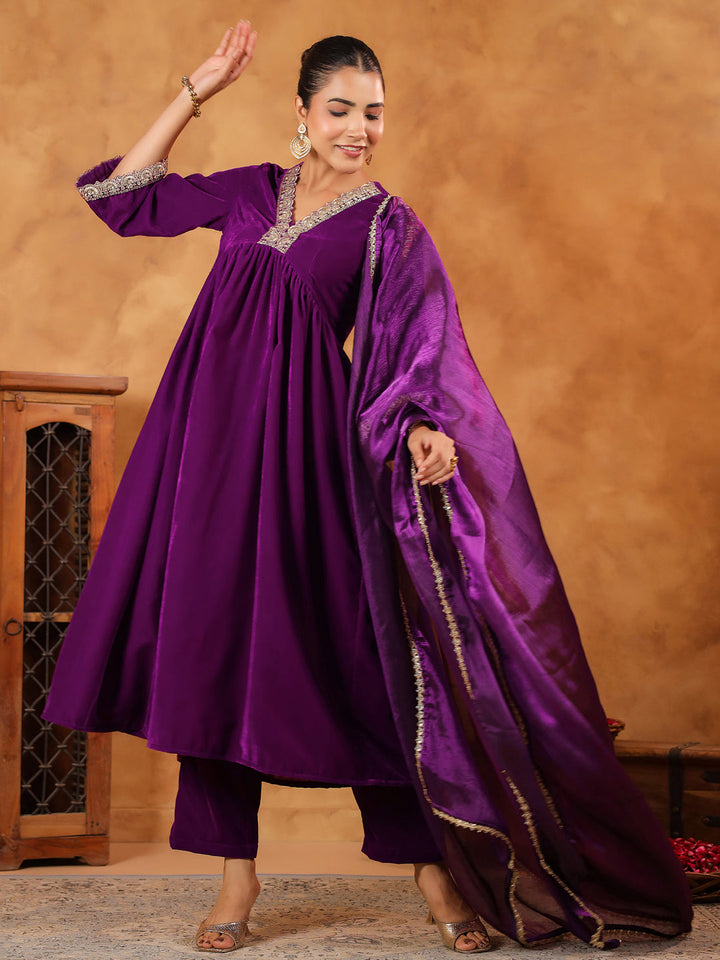 Purple Velvet Zari Embroidered A-Line Kurta Set  - By Janasya