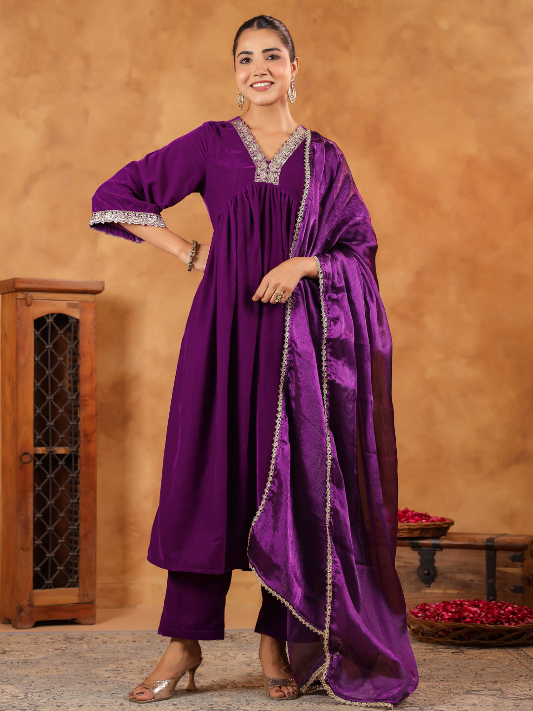 Purple Velvet Zari Embroidered A-Line Kurta Set  - By Janasya