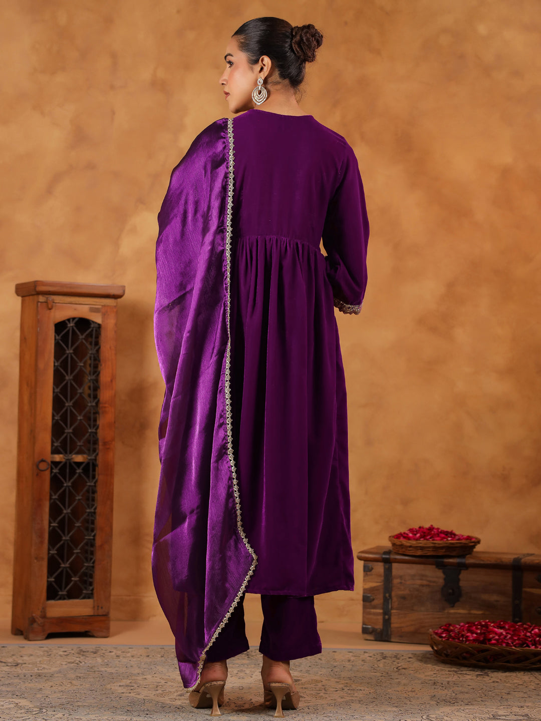 Purple Velvet Zari Embroidered A-Line Kurta Set  - By Janasya