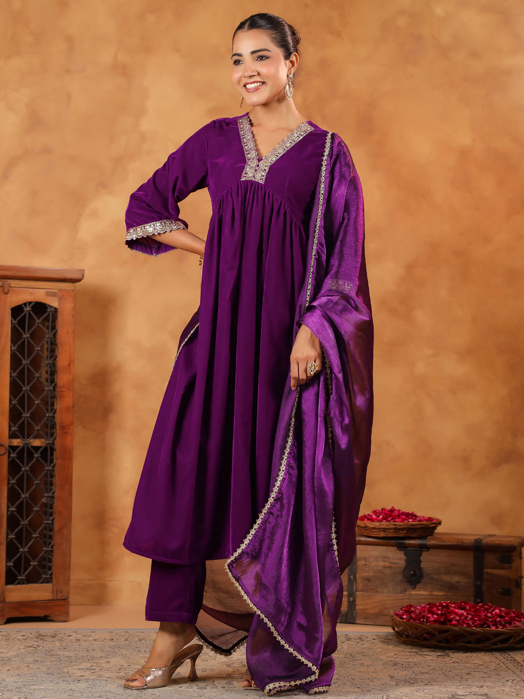 Purple Velvet Zari Embroidered A-Line Kurta Set  - By Janasya