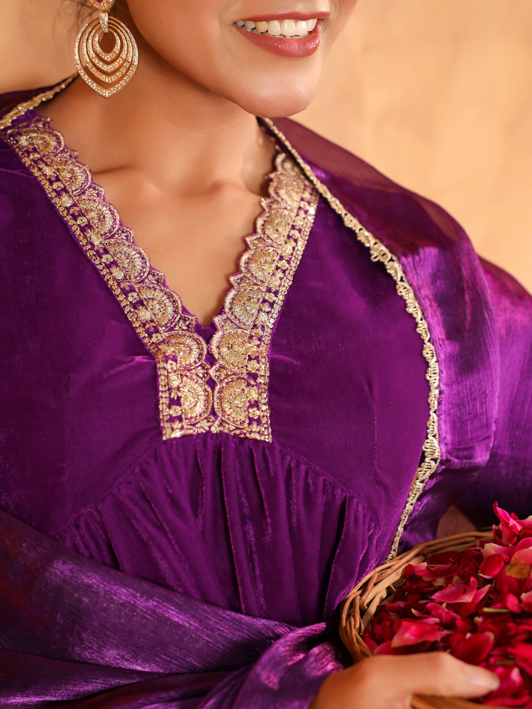 Purple Velvet Zari Embroidered A-Line Kurta Set  - By Janasya