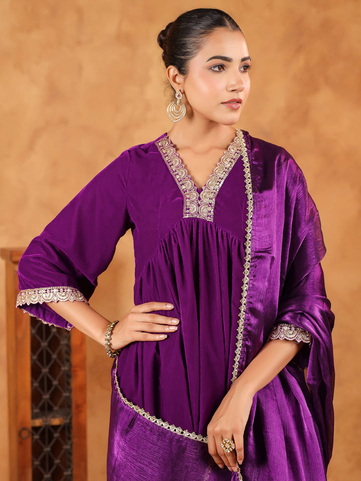 Purple Velvet Zari Embroidered A-Line Kurta Set  - By Janasya