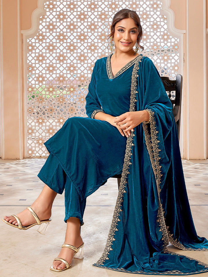 Teal Blue Velvet Zari Embroidered Straight Kurta Set  - By Janasya