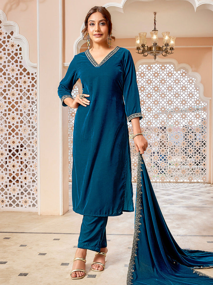 Teal Blue Velvet Zari Embroidered Straight Kurta Set  - By Janasya