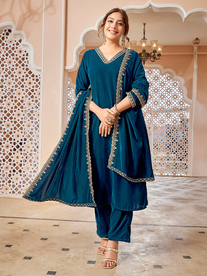 Teal Blue Velvet Zari Embroidered Straight Kurta Set  - By Janasya