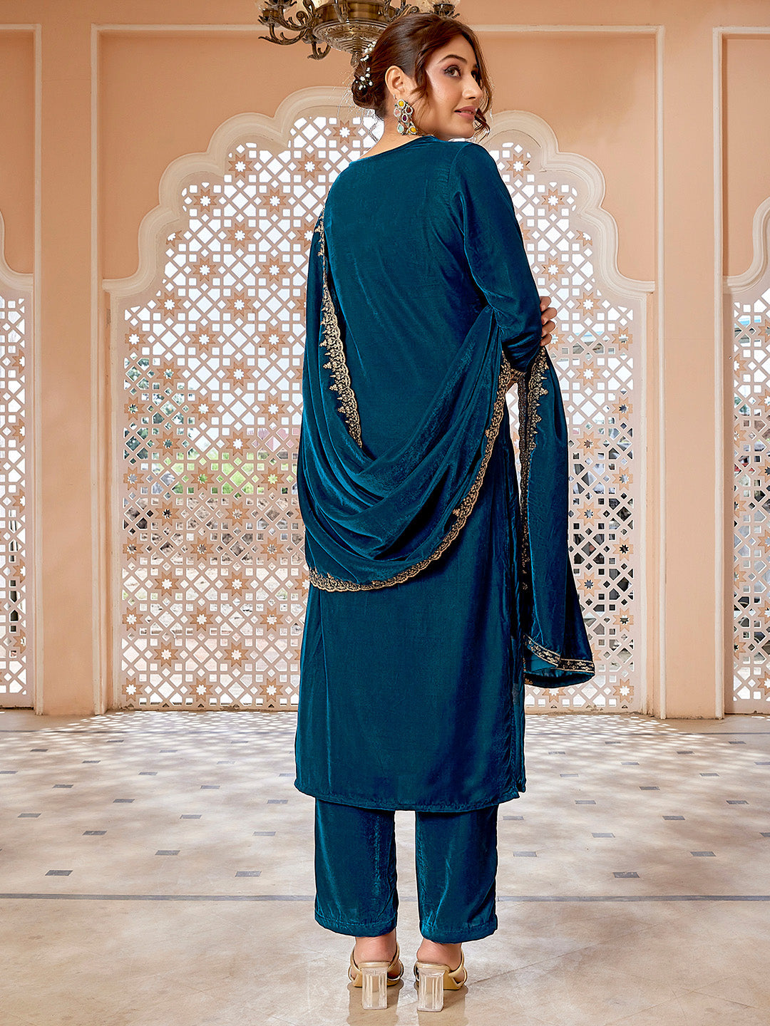 Teal Blue Velvet Zari Embroidered Straight Kurta Set  - By Janasya