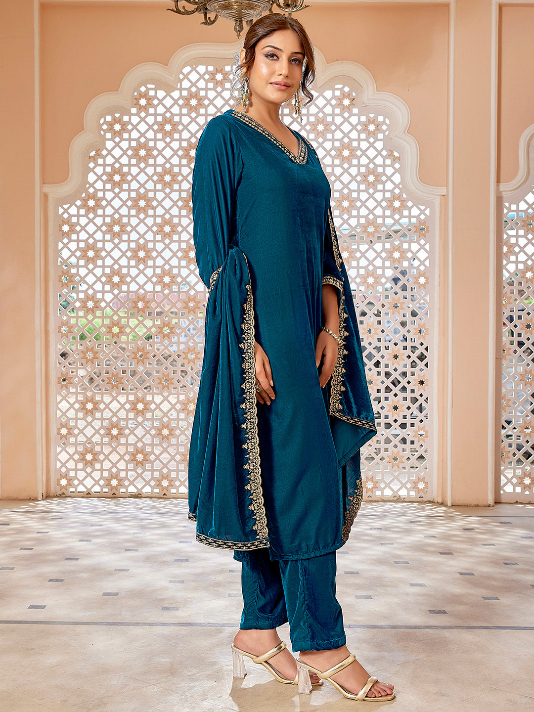 Teal Blue Velvet Zari Embroidered Straight Kurta Set  - By Janasya