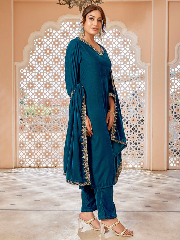 Teal Blue Velvet Zari Embroidered Straight Kurta Set  - By Janasya