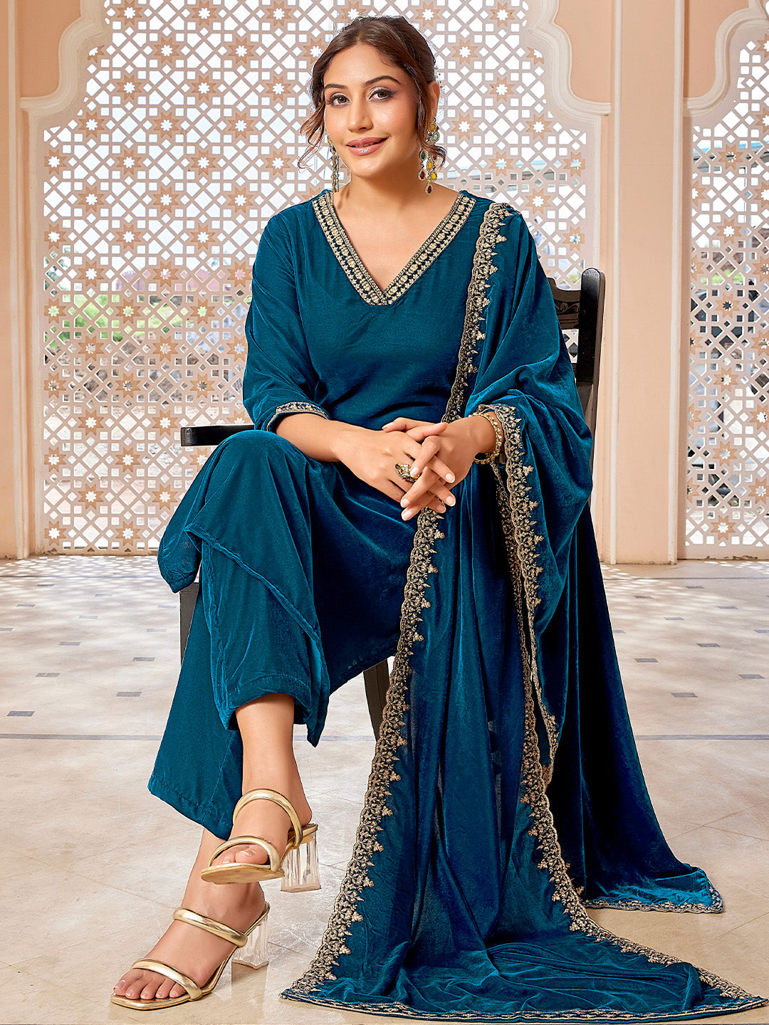 Teal Blue Velvet Zari Embroidered Straight Kurta Set  - By Janasya