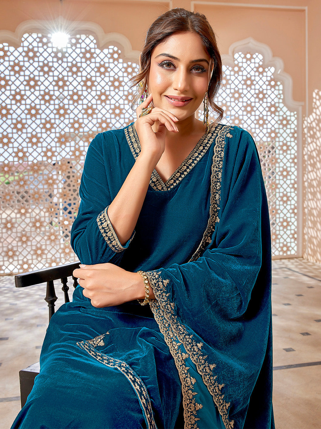 Teal Blue Velvet Zari Embroidered Straight Kurta Set  - By Janasya