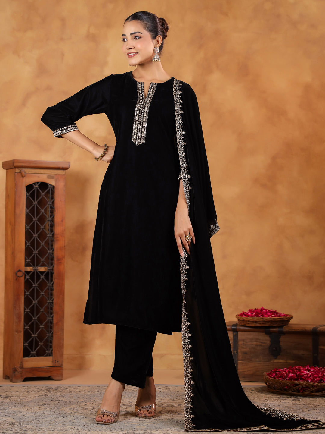 Black Velvet Zari Embroidered Straight Kurta Set  - By Janasya