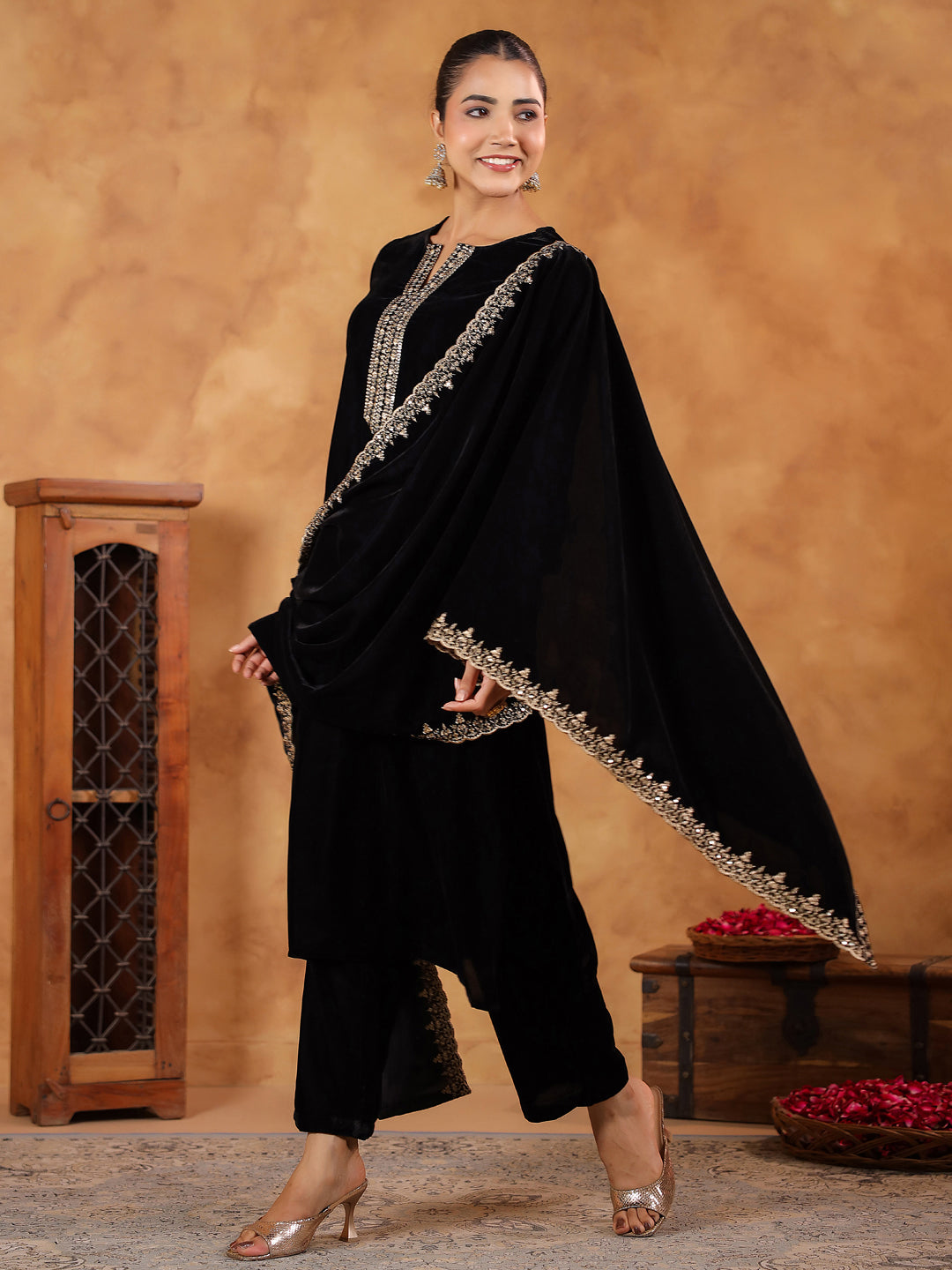 Black Velvet Zari Embroidered Straight Kurta Set  - By Janasya