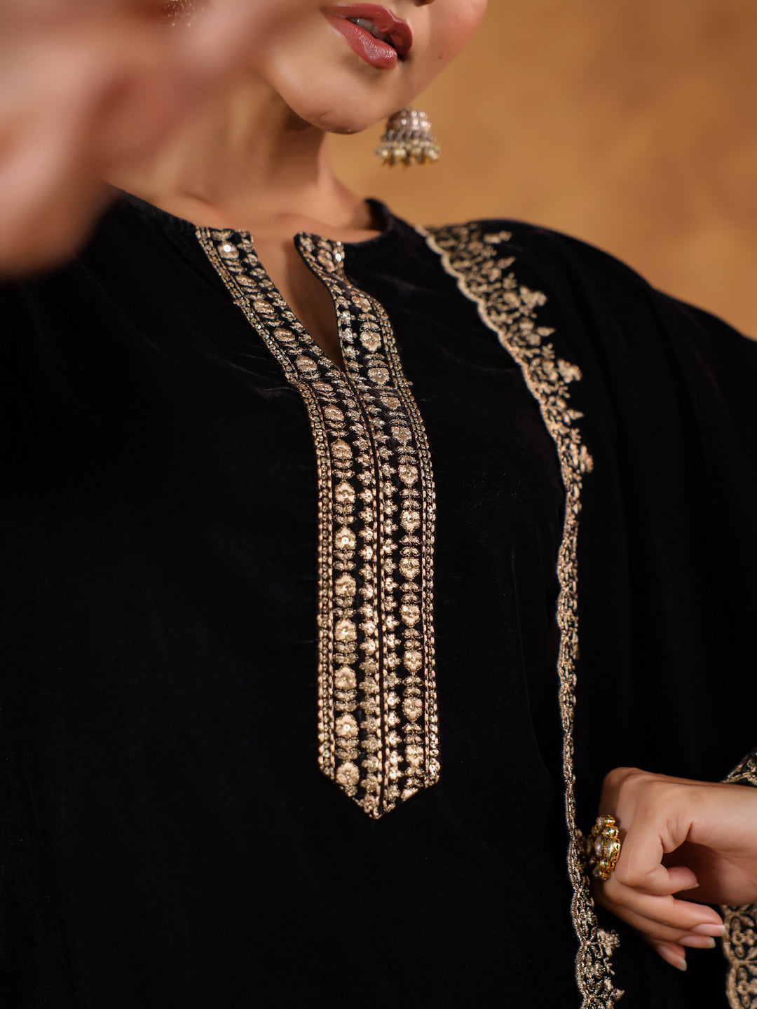 Black Velvet Zari Embroidered Straight Kurta Set  - By Janasya