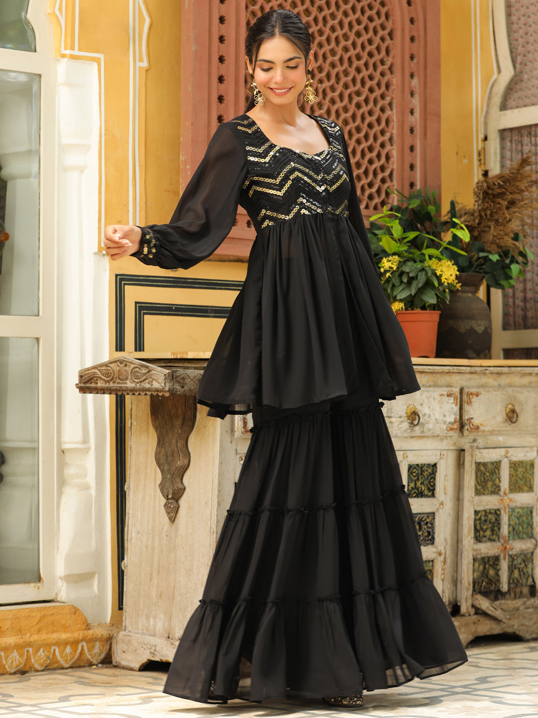 Black Georgette Sequined Front Slit Peplum Sharara Set  - By Janasya