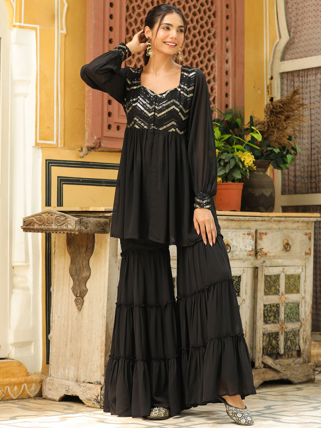 Black Georgette Sequined Front Slit Peplum Sharara Set  - By Janasya