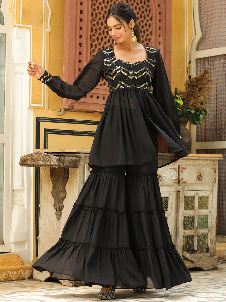 Black Georgette Sequined Front Slit Peplum Sharara Set  - By Janasya