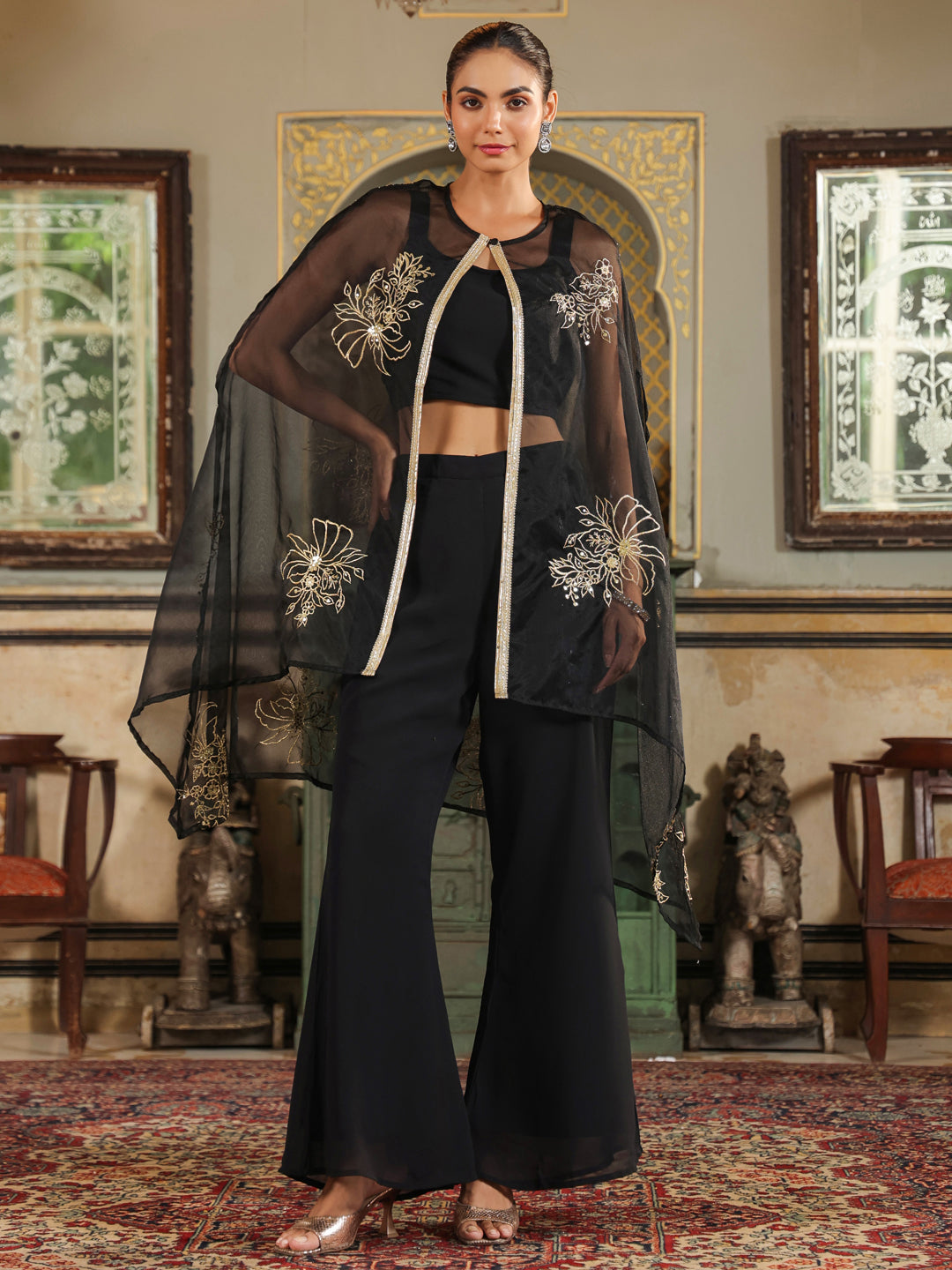 Black Georgette Zari Embroidered Crop Top With Pant & Cape Set  - By Janasya