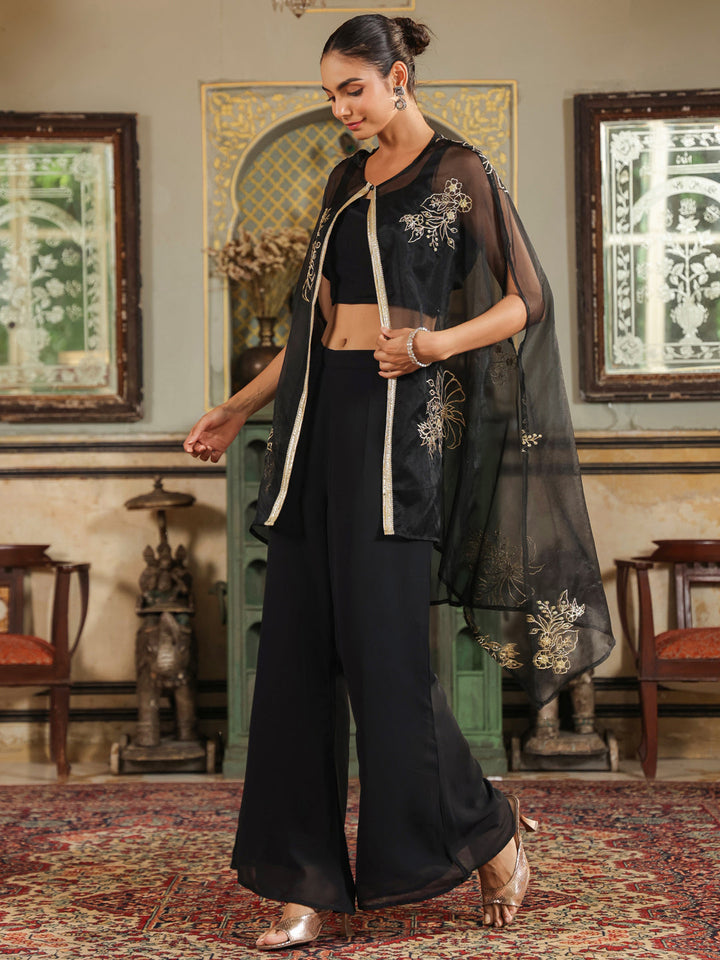 Black Georgette Zari Embroidered Crop Top With Pant & Cape Set  - By Janasya