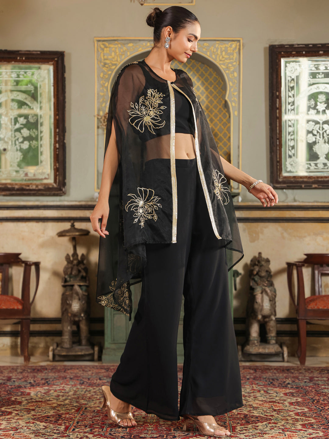 Black Georgette Zari Embroidered Crop Top With Pant & Cape Set  - By Janasya