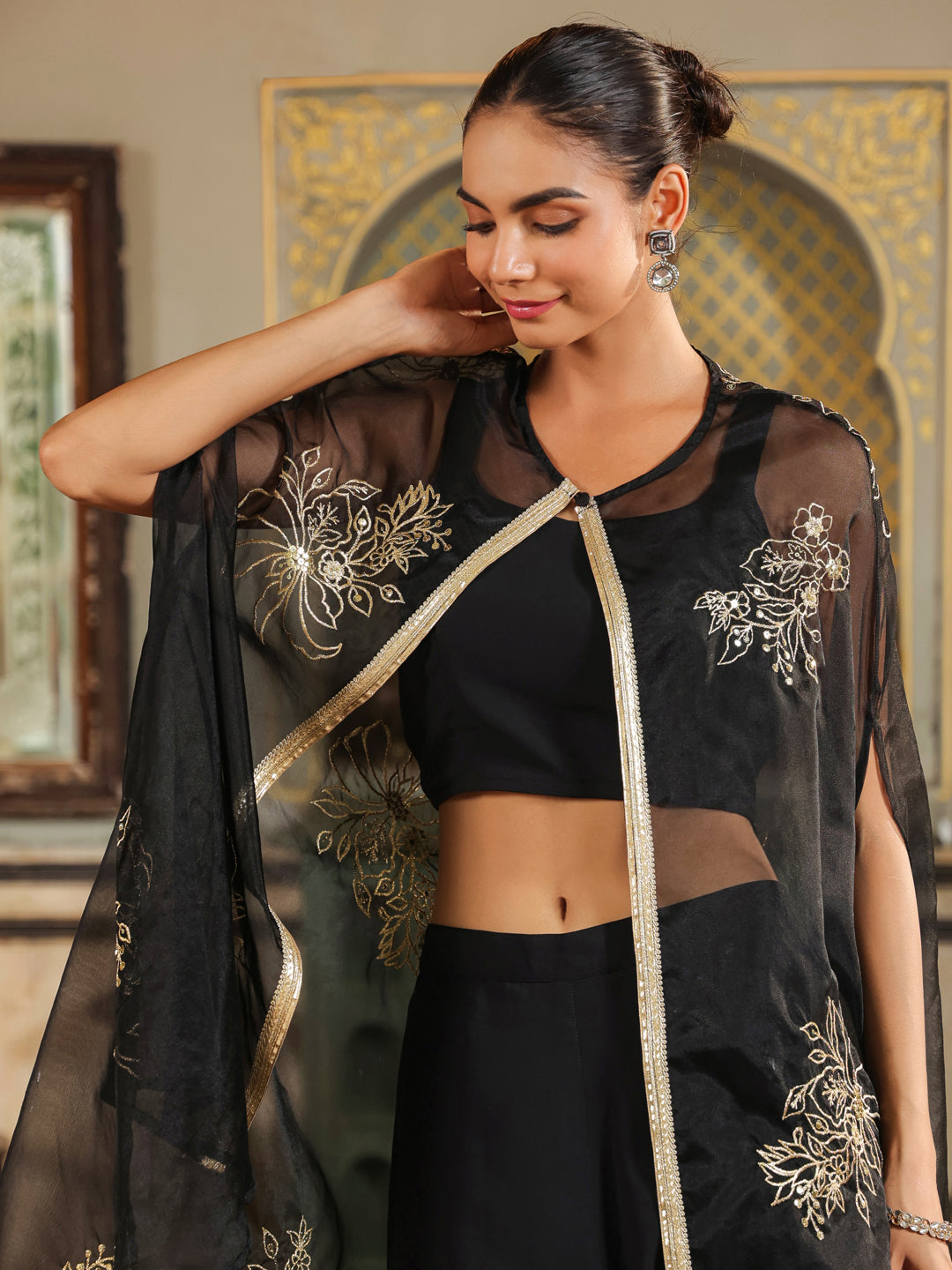 Black Georgette Zari Embroidered Crop Top With Pant & Cape Set  - By Janasya