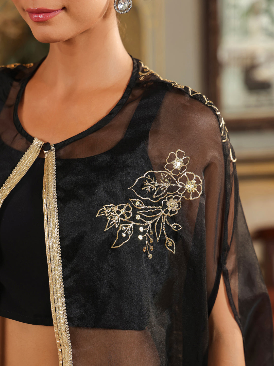 Black Georgette Zari Embroidered Crop Top With Pant & Cape Set  - By Janasya