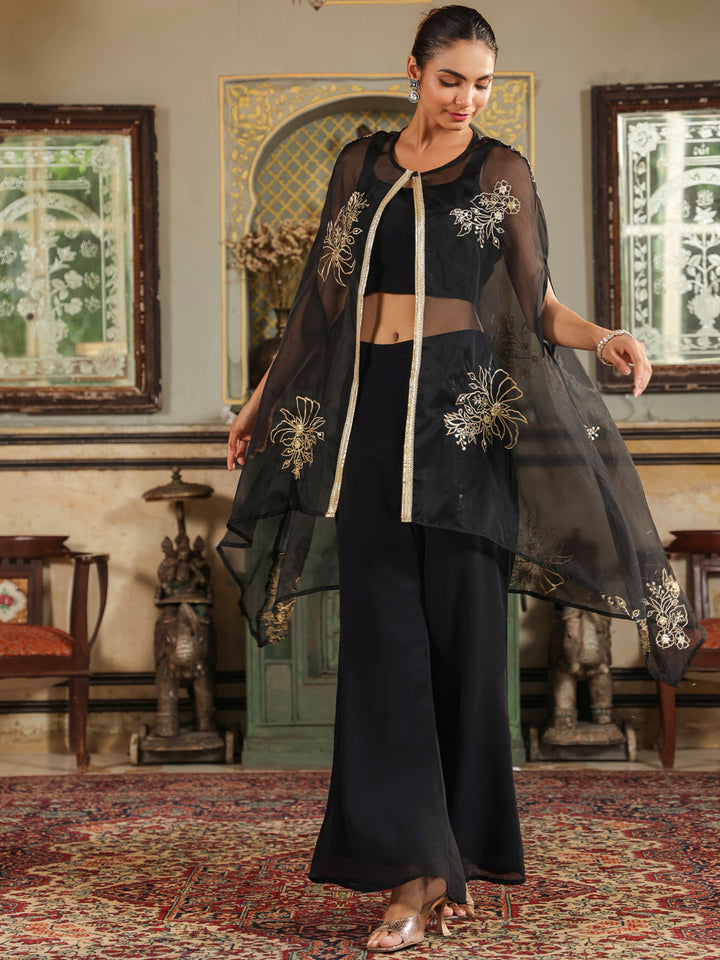 Black Georgette Zari Embroidered Crop Top With Pant & Cape Set  - By Janasya