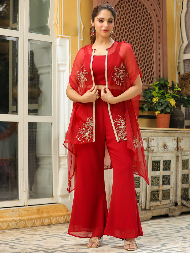 Maroon Georgette Zari Embroidered Crop Top With Pant & Cape Set  - By Janasya