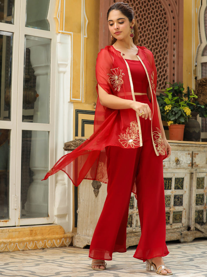 Maroon Georgette Zari Embroidered Crop Top With Pant & Cape Set  - By Janasya