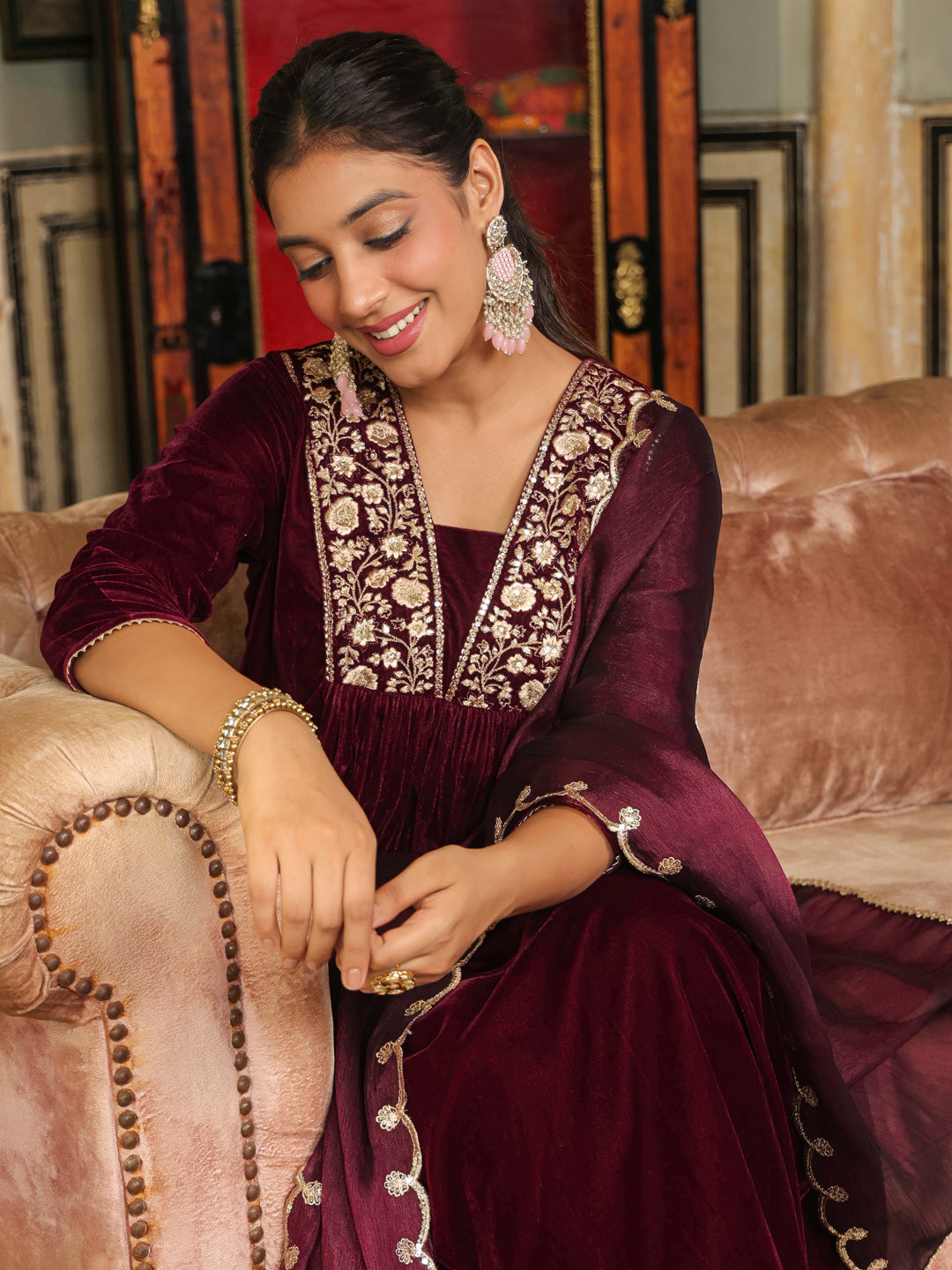 Wine Velvet Zari Embroidered A-Line Kurta Set  - By Janasya