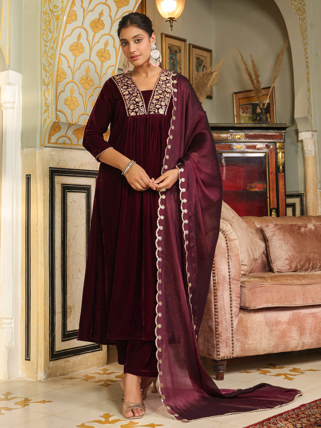 Wine Velvet Zari Embroidered A-Line Kurta Set  - By Janasya