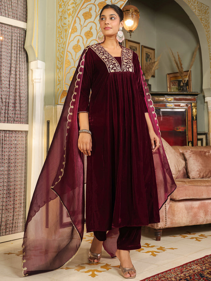 Wine Velvet Zari Embroidered A-Line Kurta Set  - By Janasya