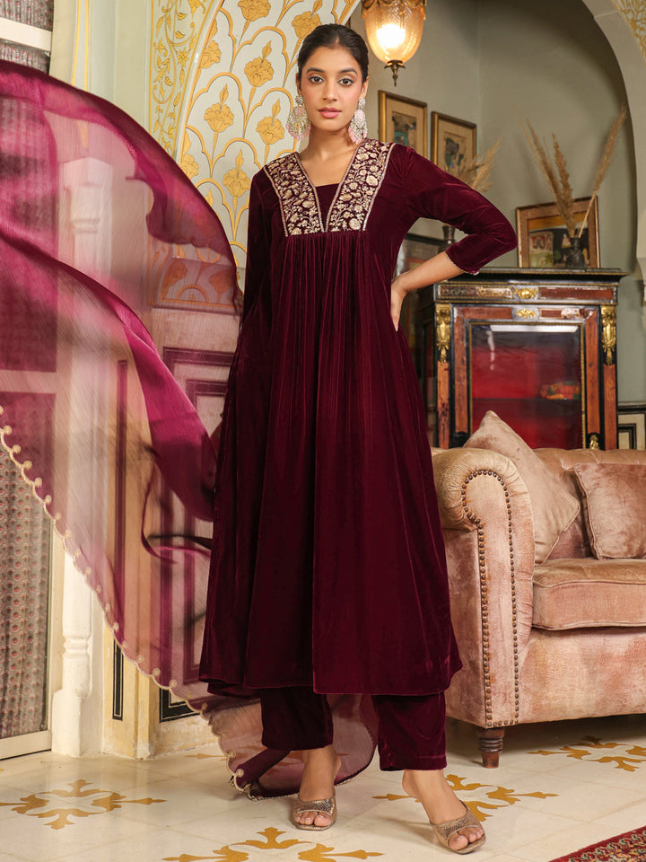 Wine Velvet Zari Embroidered A-Line Kurta Set  - By Janasya