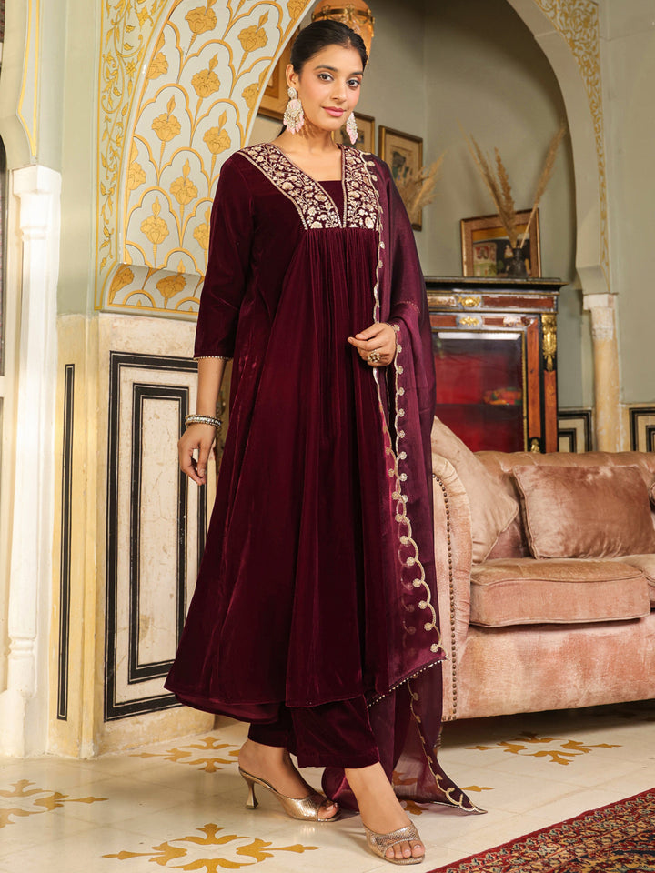 Wine Velvet Zari Embroidered A-Line Kurta Set  - By Janasya