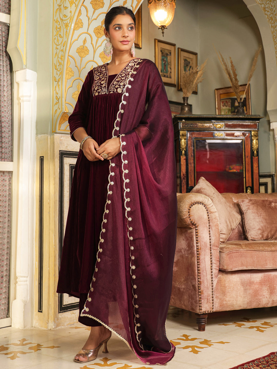 Wine Velvet Zari Embroidered A-Line Kurta Set  - By Janasya