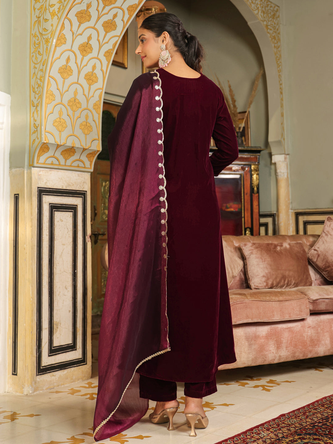 Wine Velvet Zari Embroidered A-Line Kurta Set  - By Janasya