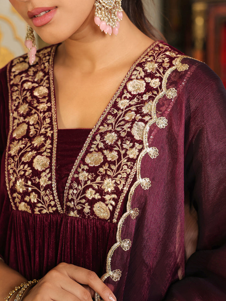 Wine Velvet Zari Embroidered A-Line Kurta Set  - By Janasya