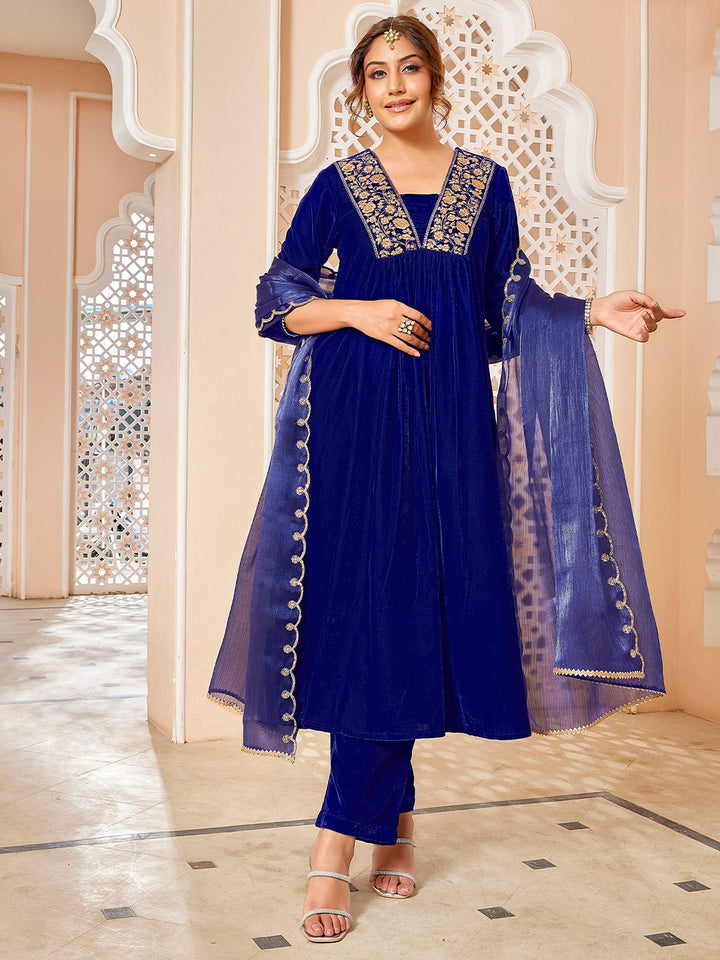 Royal Blue Velvet Zari Embroidered A-Line Kurta with Pant & Dupatta Set  - By Janasya