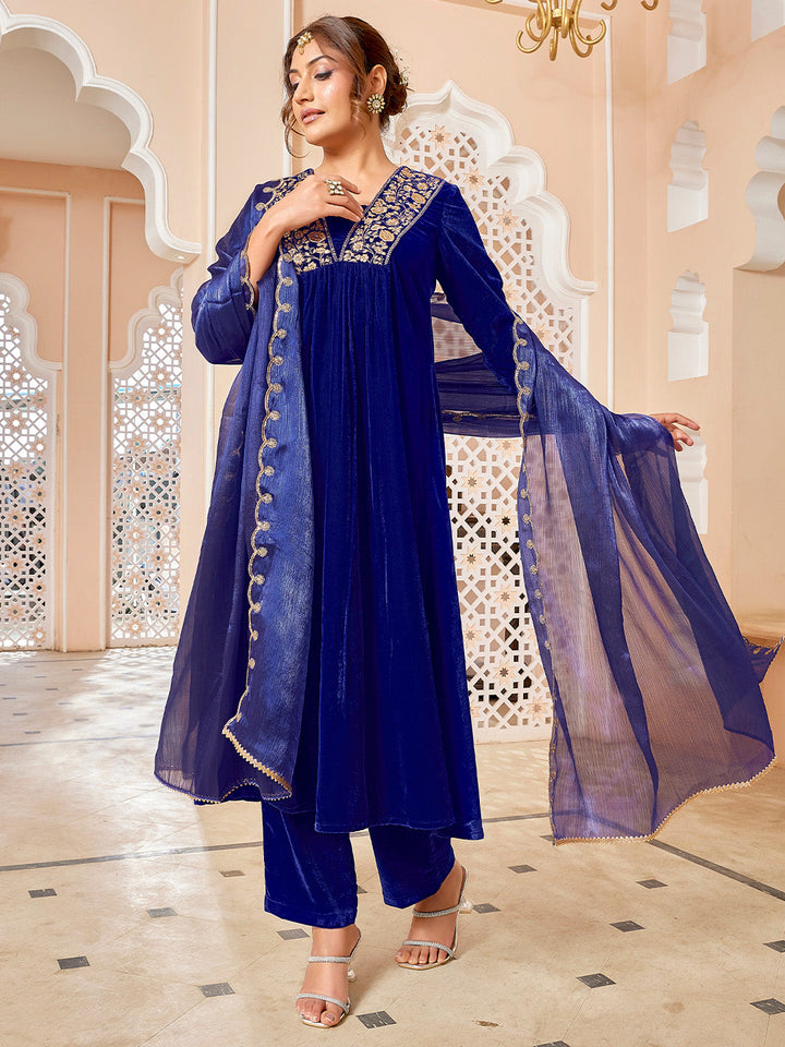 Royal Blue Velvet Zari Embroidered A-Line Kurta with Pant & Dupatta Set  - By Janasya