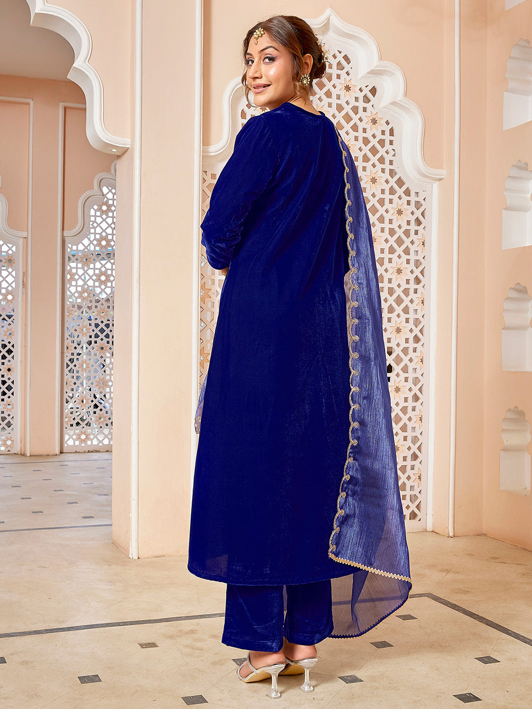 Royal Blue Velvet Zari Embroidered A-Line Kurta with Pant & Dupatta Set  - By Janasya