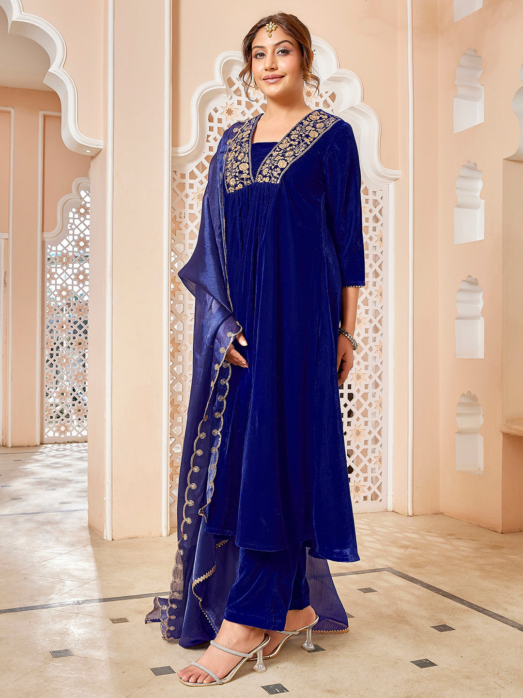 Royal Blue Velvet Zari Embroidered A-Line Kurta with Pant & Dupatta Set  - By Janasya