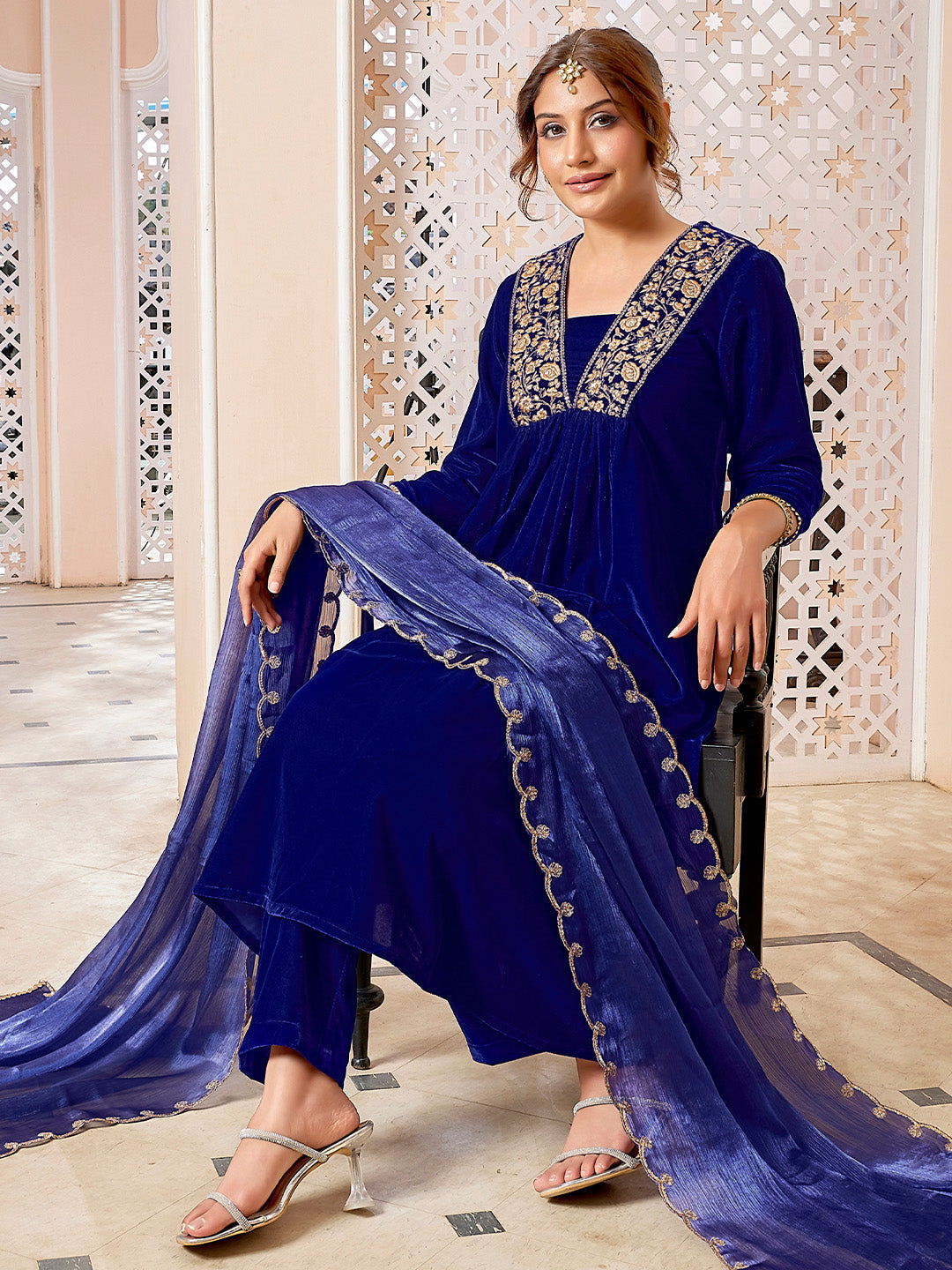 Royal Blue Velvet Zari Embroidered A-Line Kurta with Pant & Dupatta Set  - By Janasya