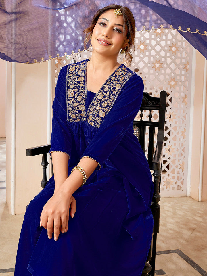 Royal Blue Velvet Zari Embroidered A-Line Kurta with Pant & Dupatta Set  - By Janasya